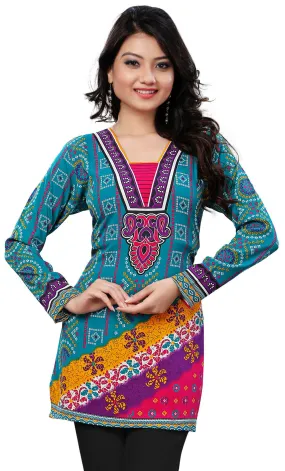 Womens India Tunic Top Kurti Long Blouse Indian Apparel (Blue)