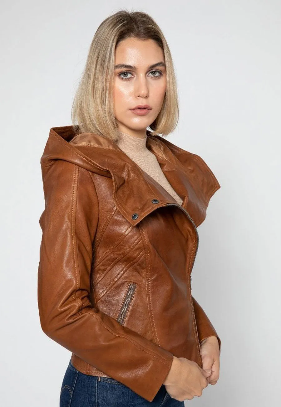 Women’s Tan Brown Leather Hooded Biker Jacket